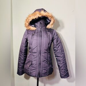 Krush Women's Black Quilted Jacket with Faux Fur Hood